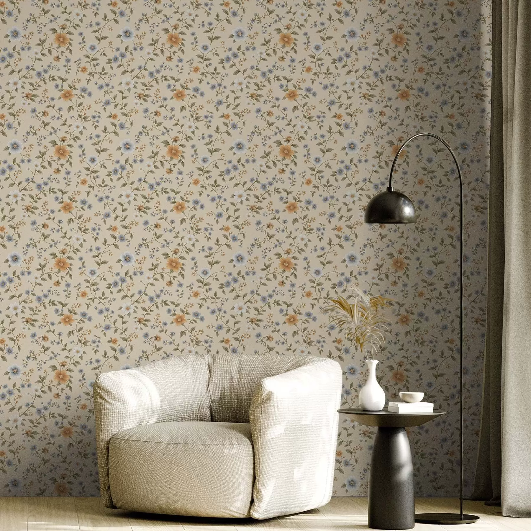 Fotobehang Bloemtakken met blauwe en perzikkleurige bloemen a00575