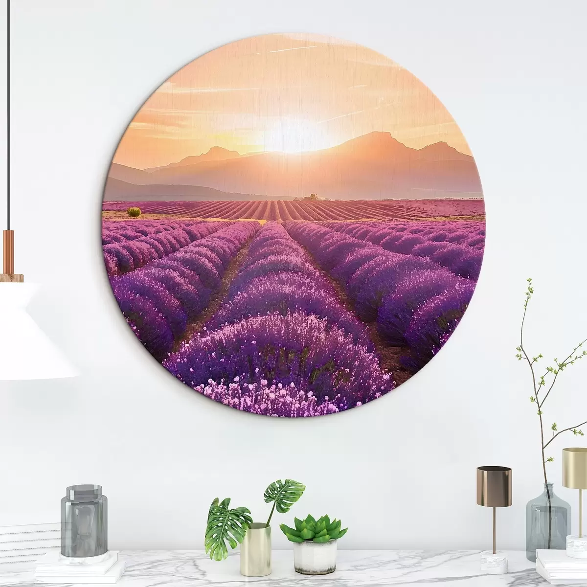 Ronde schilderijen Zonsondergang in een lavendelveld r45663