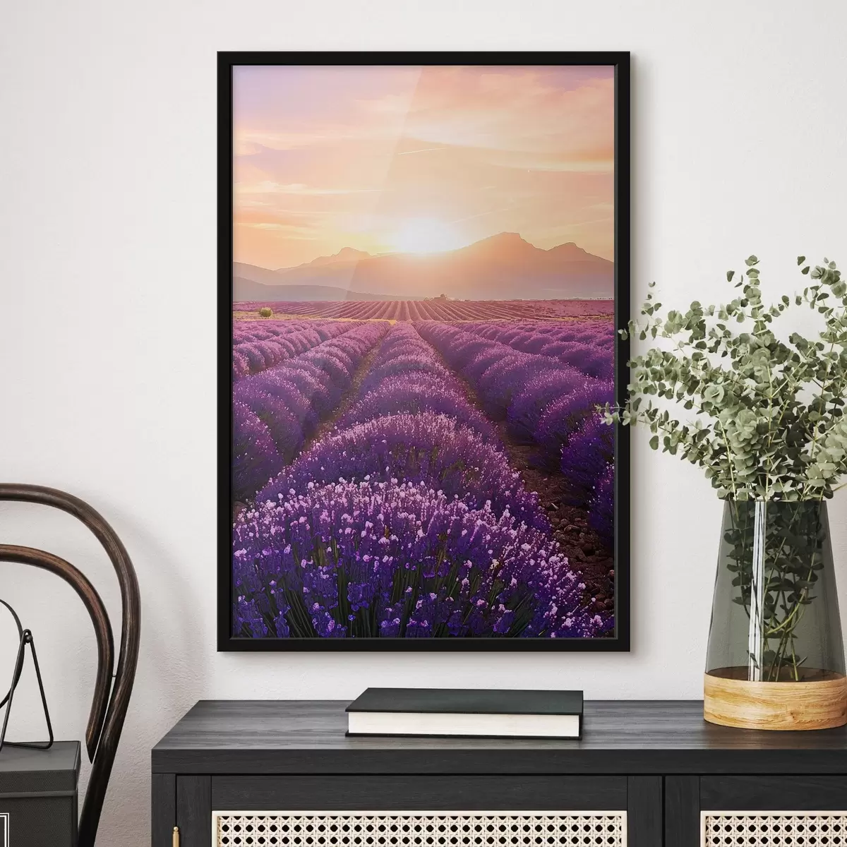 Poster Zonsondergang in een lavendelveld f45663