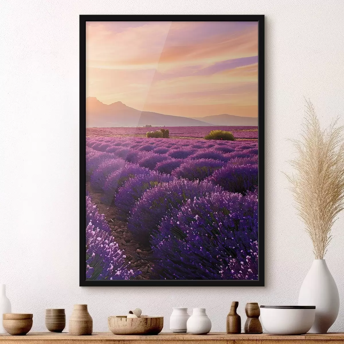 Poster Lavendel tegen de achtergrond van een zonsondergang in de bergen f45664