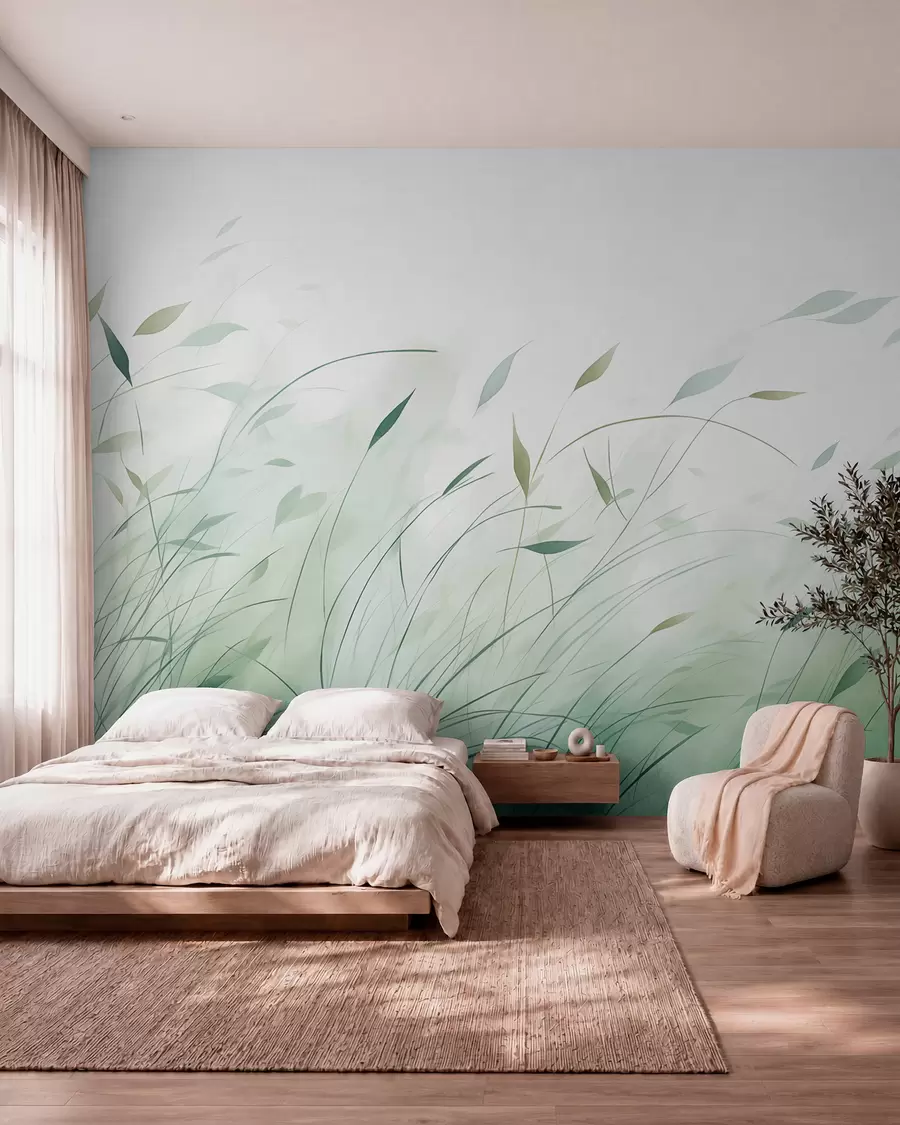 Fotobehang Groen gras in de wind in aquarelstijl w09331