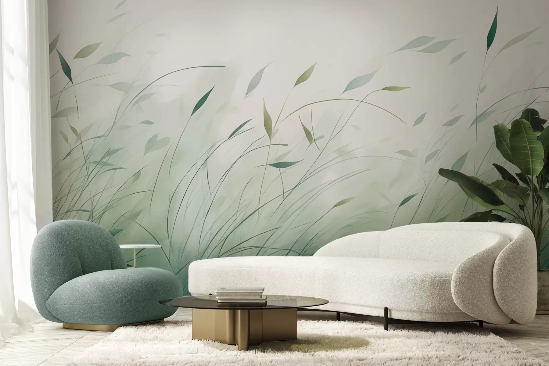 Fotobehang Groen gras in de wind in aquarelstijl w09331