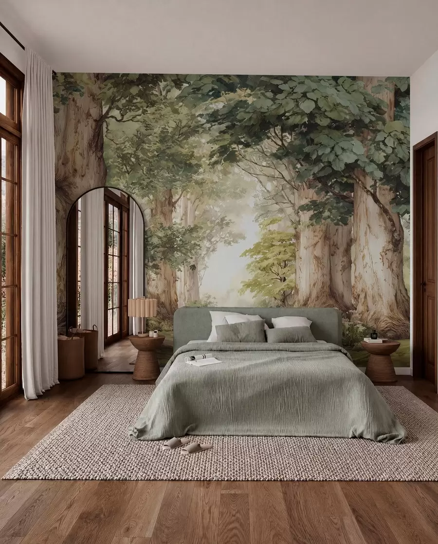 Fotobehang Bospad tussen majestueuze bomen in aquarelstijl w09404