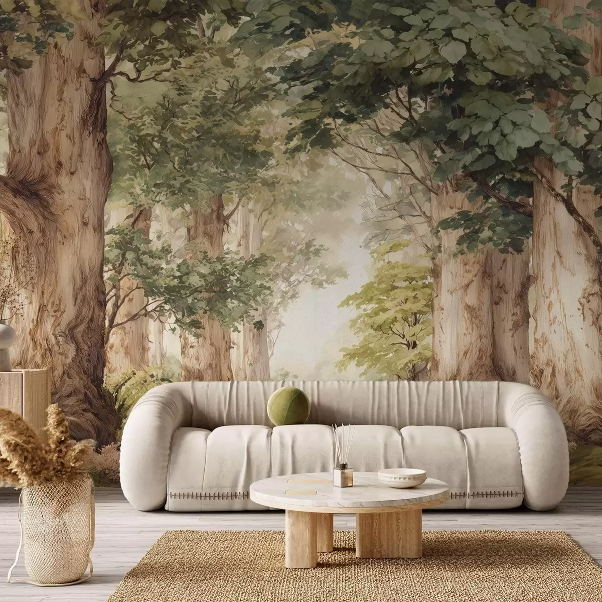 Fotobehang Bospad tussen majestueuze bomen in aquarelstijl w09404