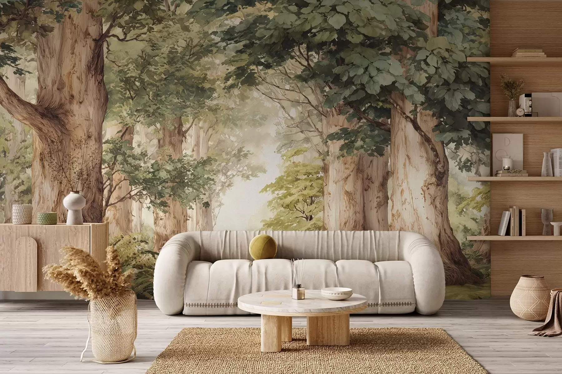 Fotobehang Bospad tussen majestueuze bomen in aquarelstijl w09404