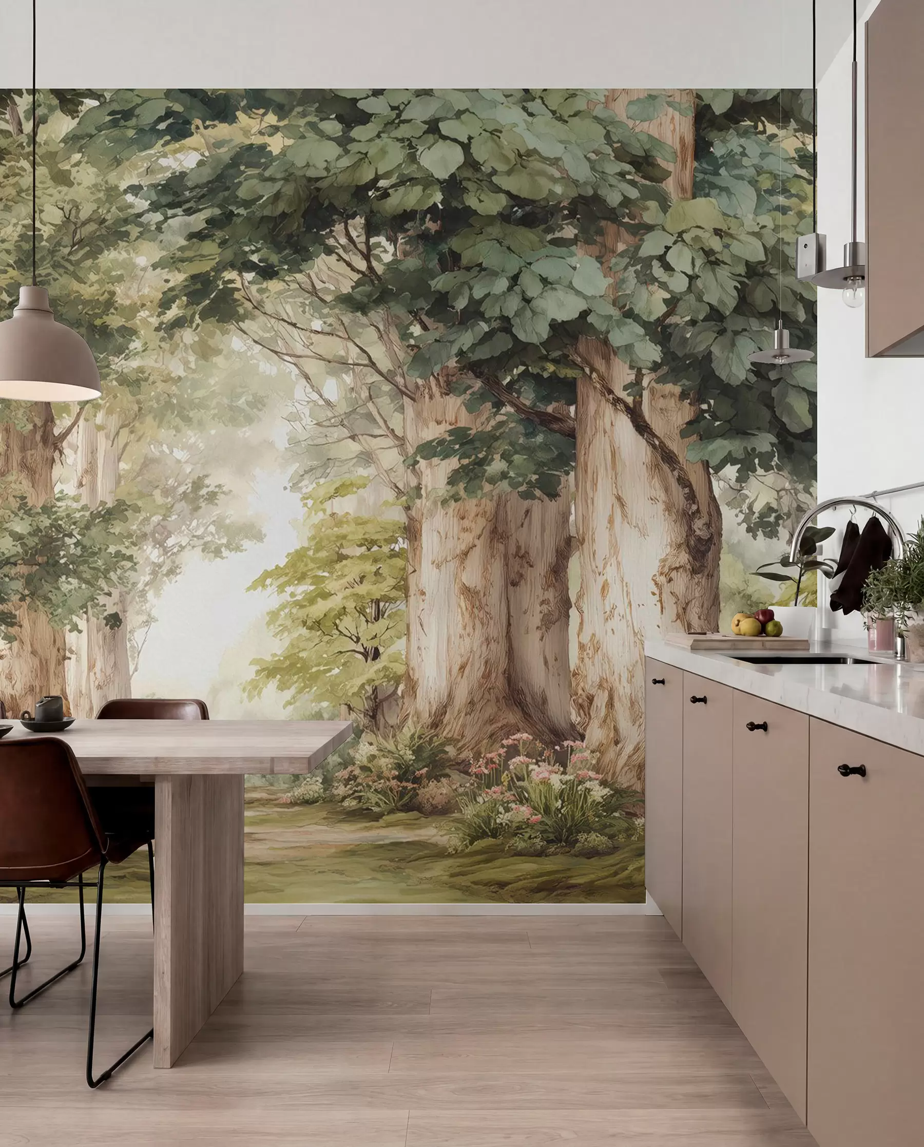 Fotobehang Bospad tussen majestueuze bomen in aquarelstijl w09404