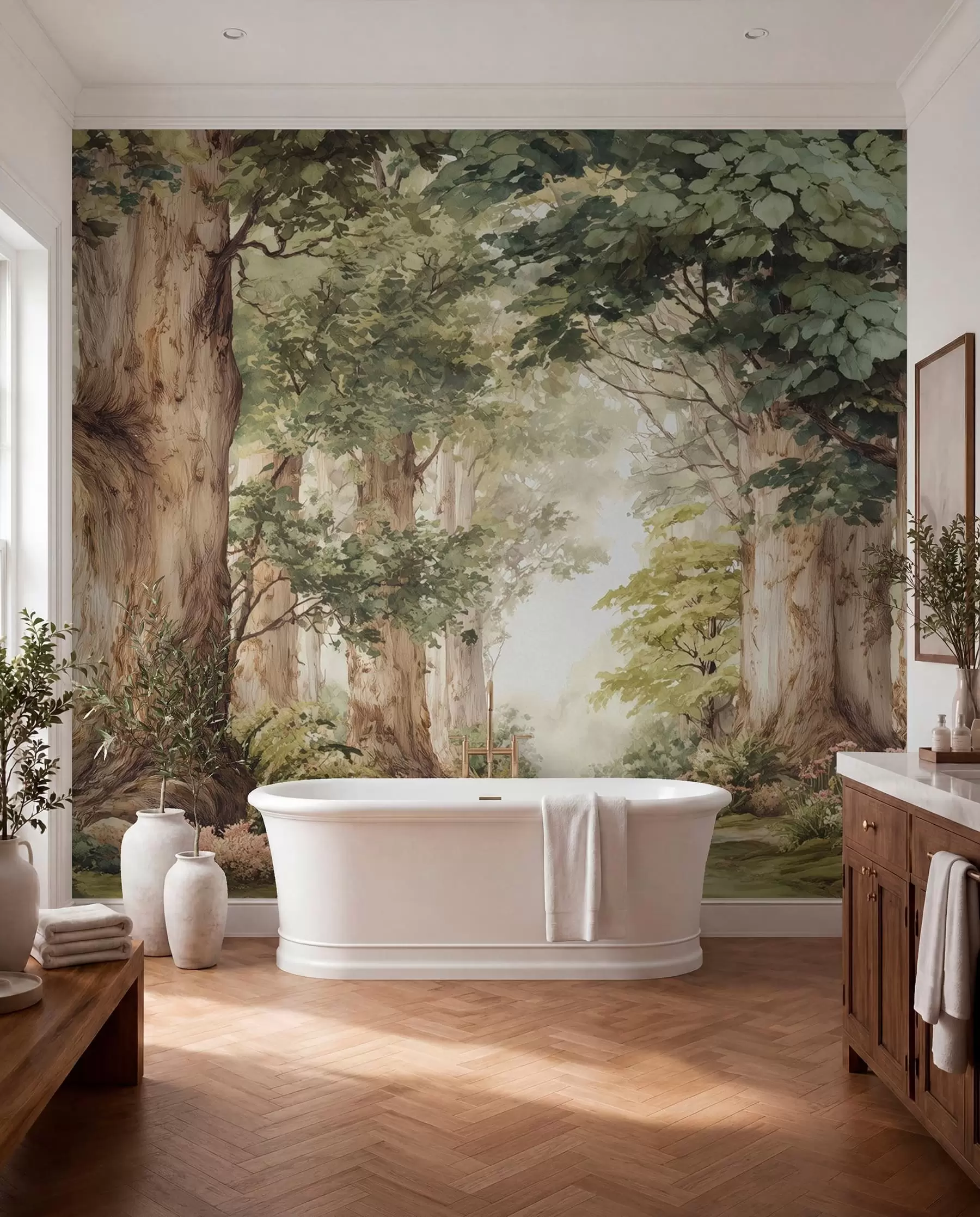 Fotobehang Bospad tussen majestueuze bomen in aquarelstijl w09404