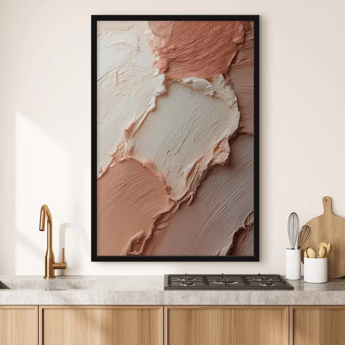 Poster Crèmekleurige, perzikkleurige penseelstreken, rijke impasto f45869