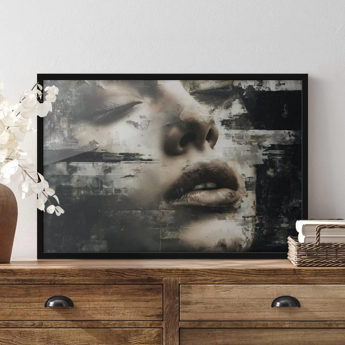 Poster Abstract vrouwelijk portret met glitch-effect en texturen f45873