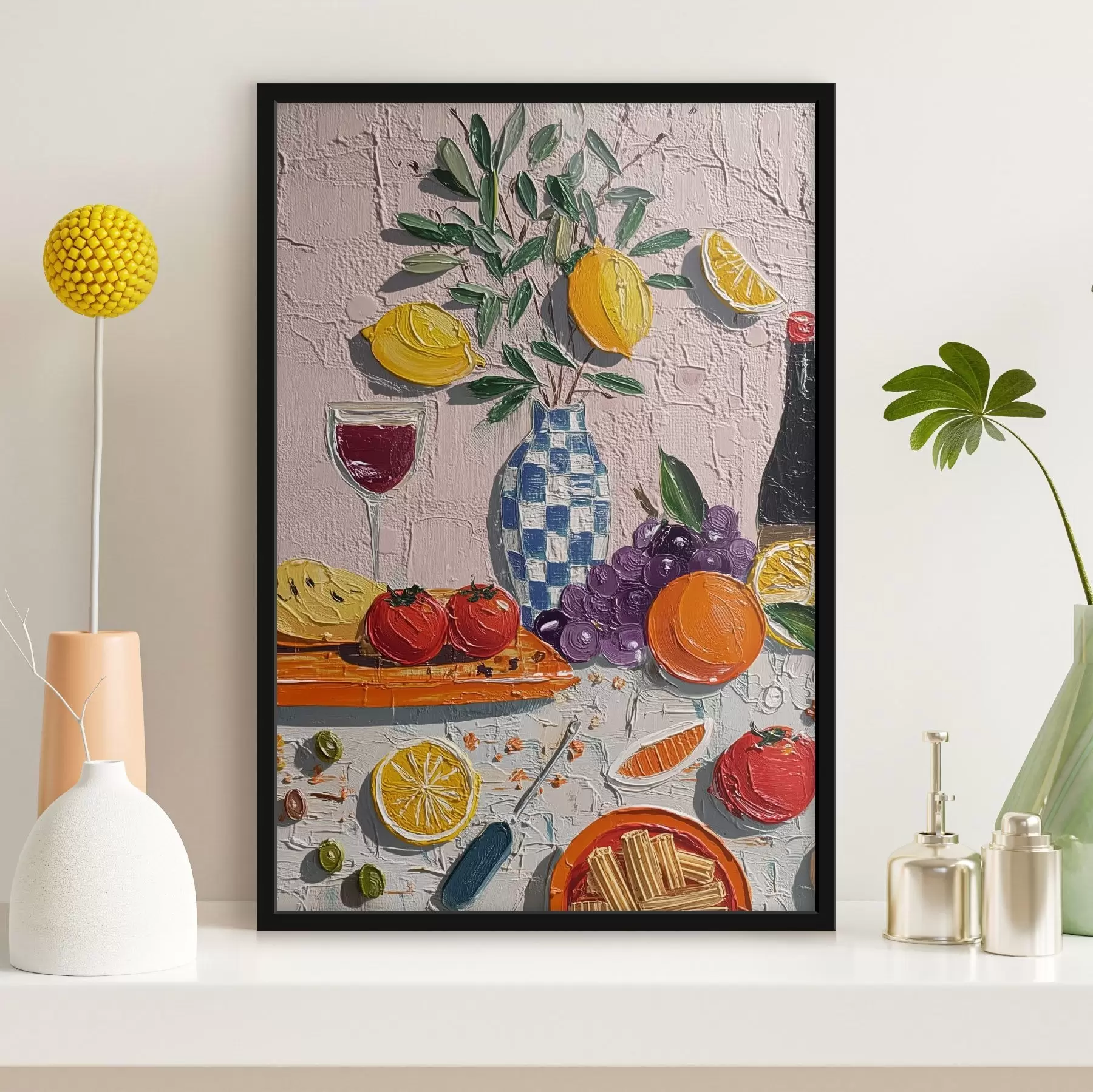 Fotobehang Pastel stilleven: citroenen, druiven en tomaten, impasto f45876