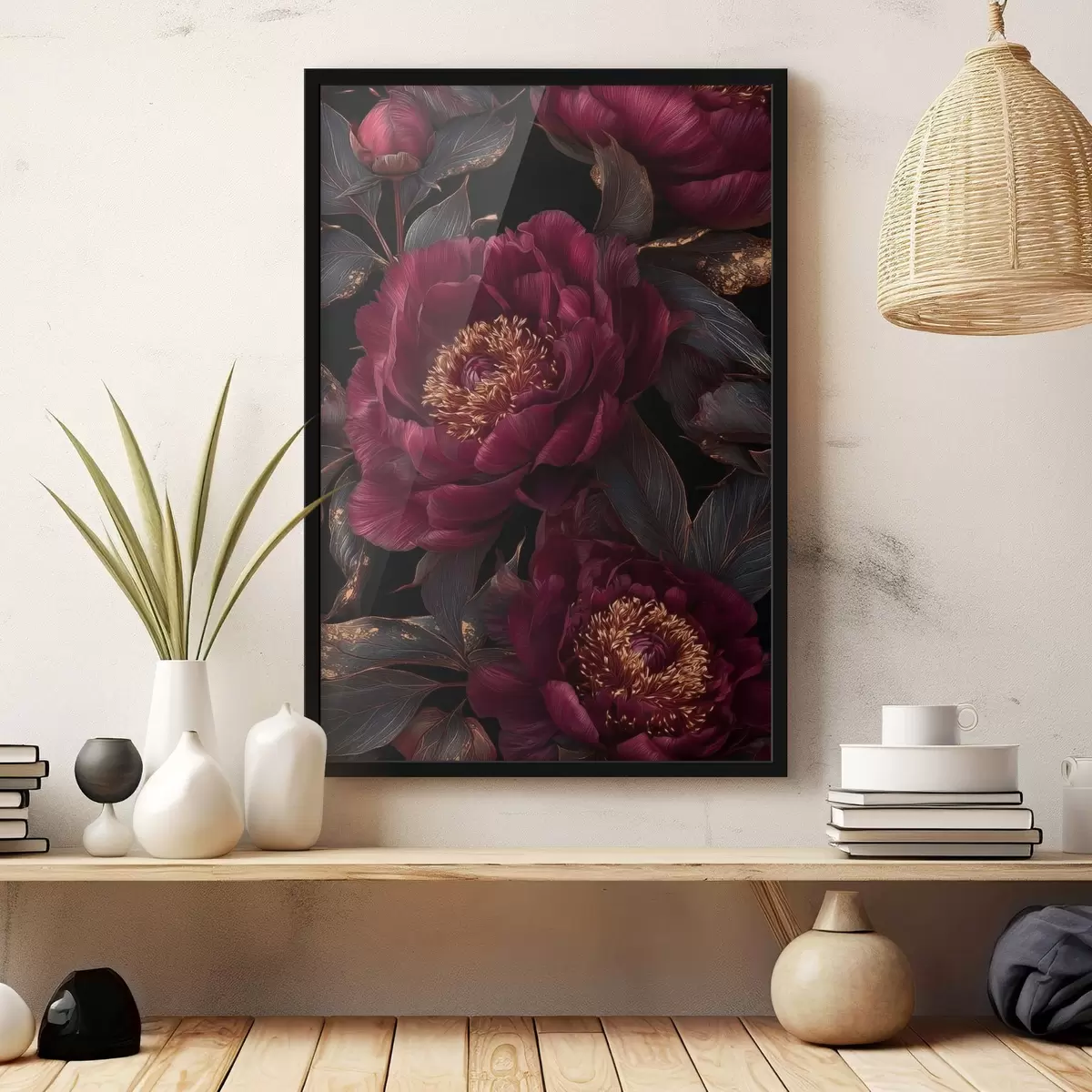 Poster Bordeauxrode pioenrozen op zwart met gele accenten f45877