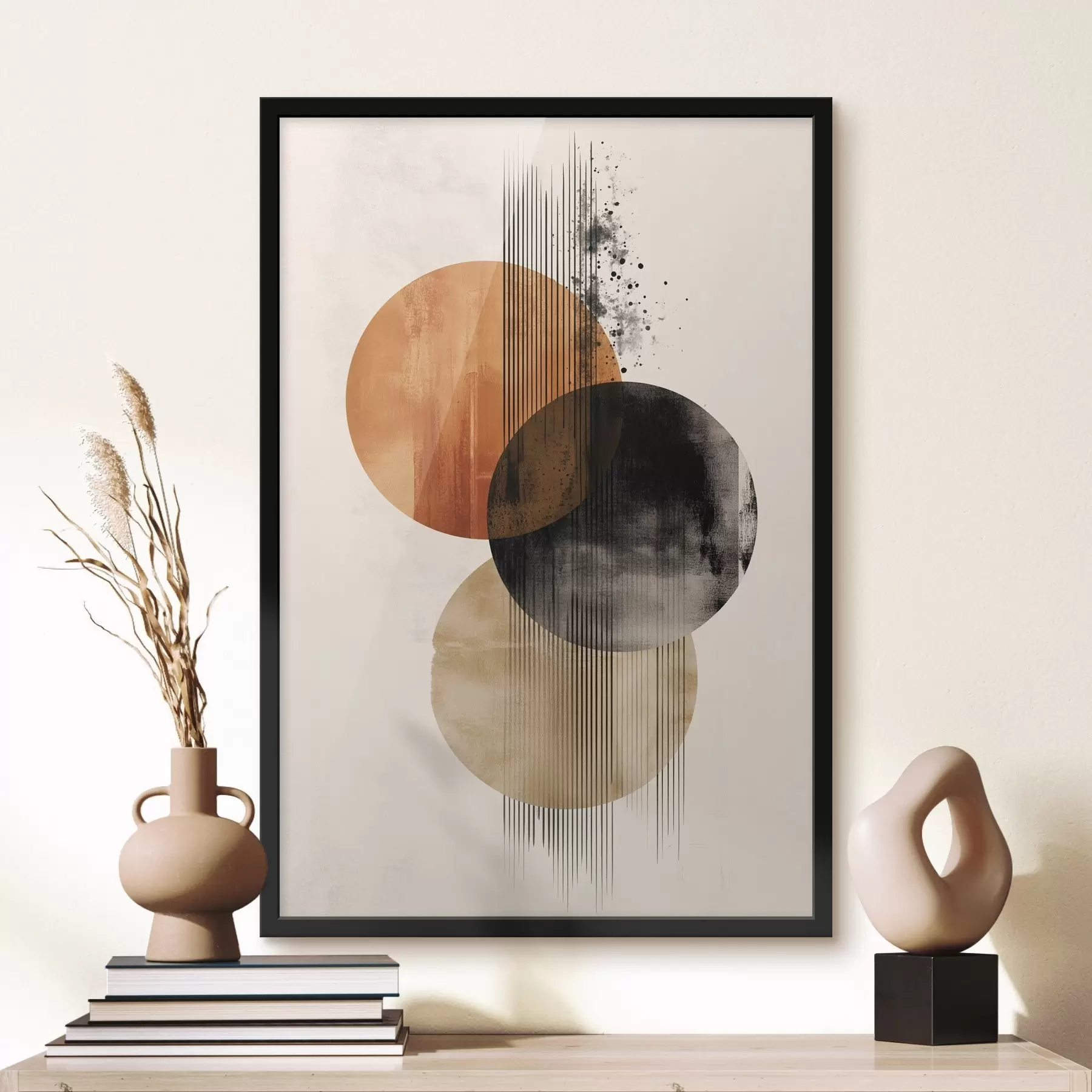  Schilderijen Drie cirkels met textuur en lijnen in een terracotta-zwart kleurenpalet f45885