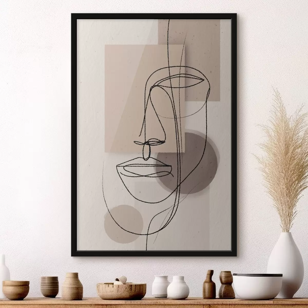 Poster Lijnportret boven beige geometrische vormen f45886