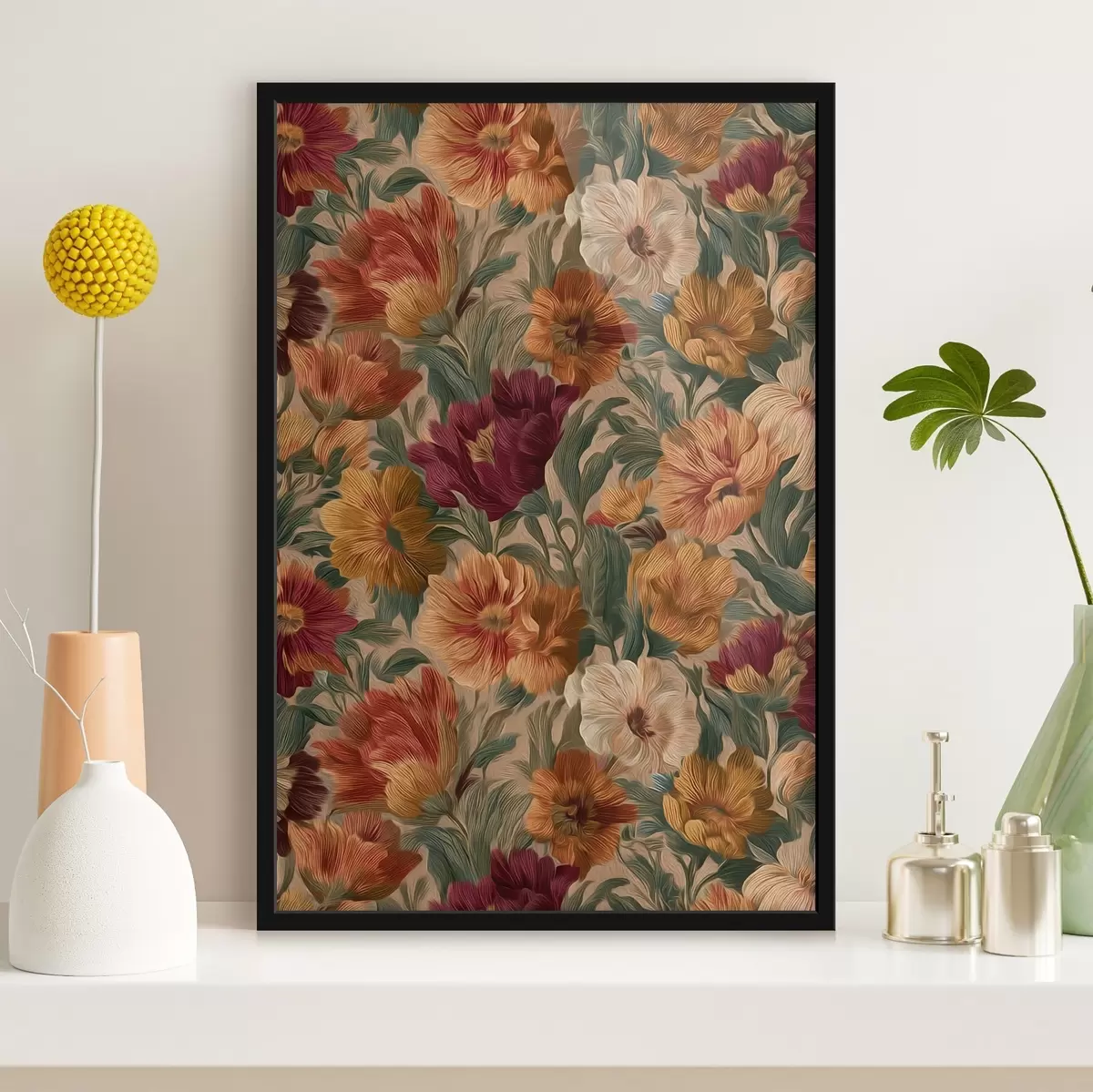 Poster Vintage bloemenpatroon in een warm kleurenpalet f45896