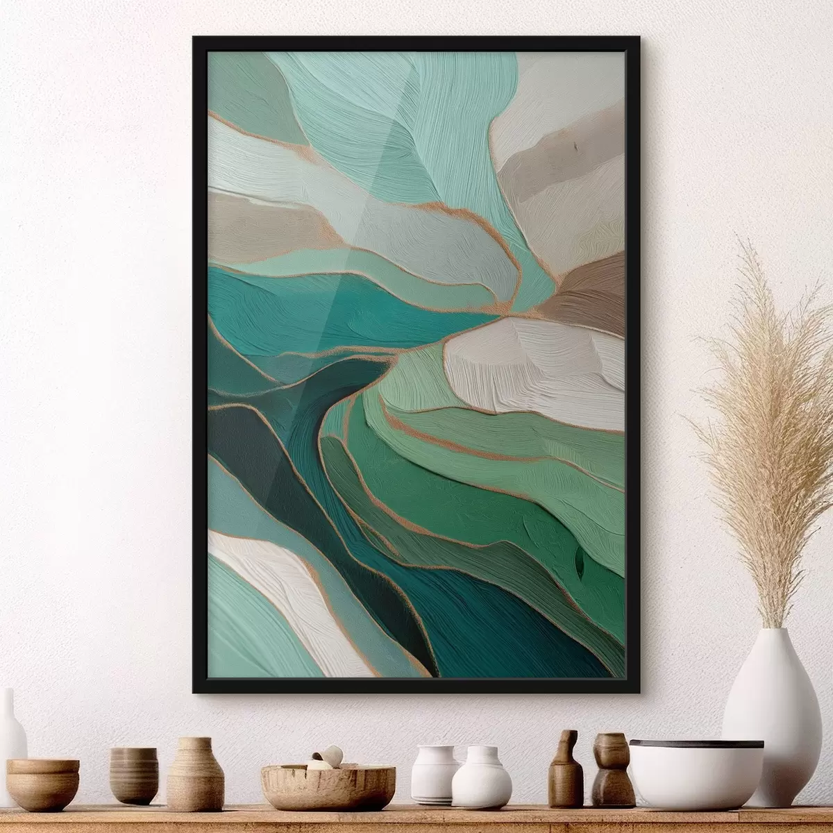 Poster Saliegroene abstractie met een gele omtrek f45901