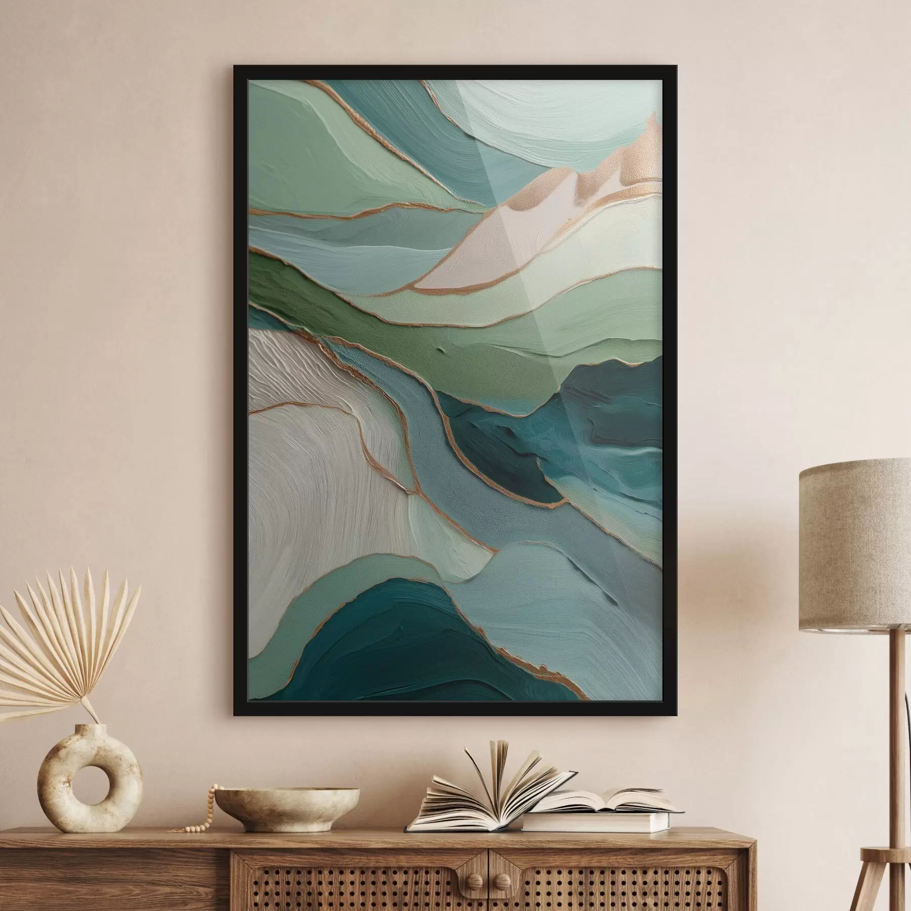  Schilderijen Gelaagde groene abstractie met gele lijnen en diepte f45902