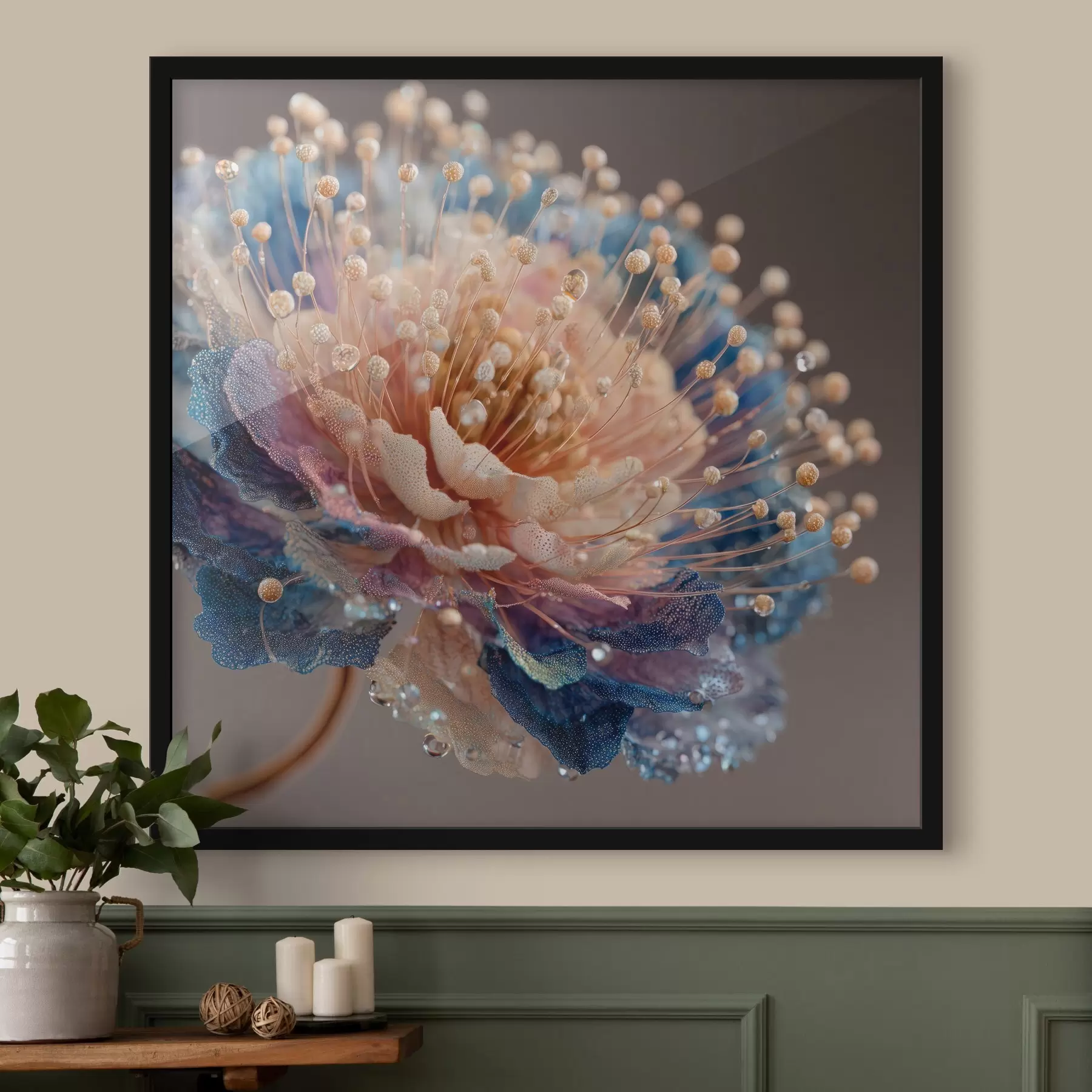 Fotobehang Parelmoerachtige bloem met dauwdruppels, perzikkleurige en blauwe bloemblaadjes f45911