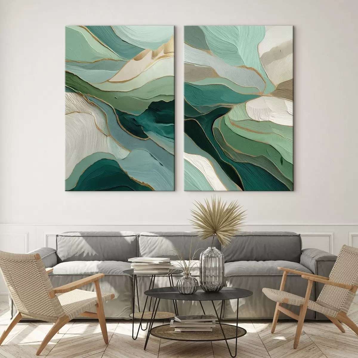  Schilderijen Smaragdgroene gelaagde abstractie met een gele omtrek m00766