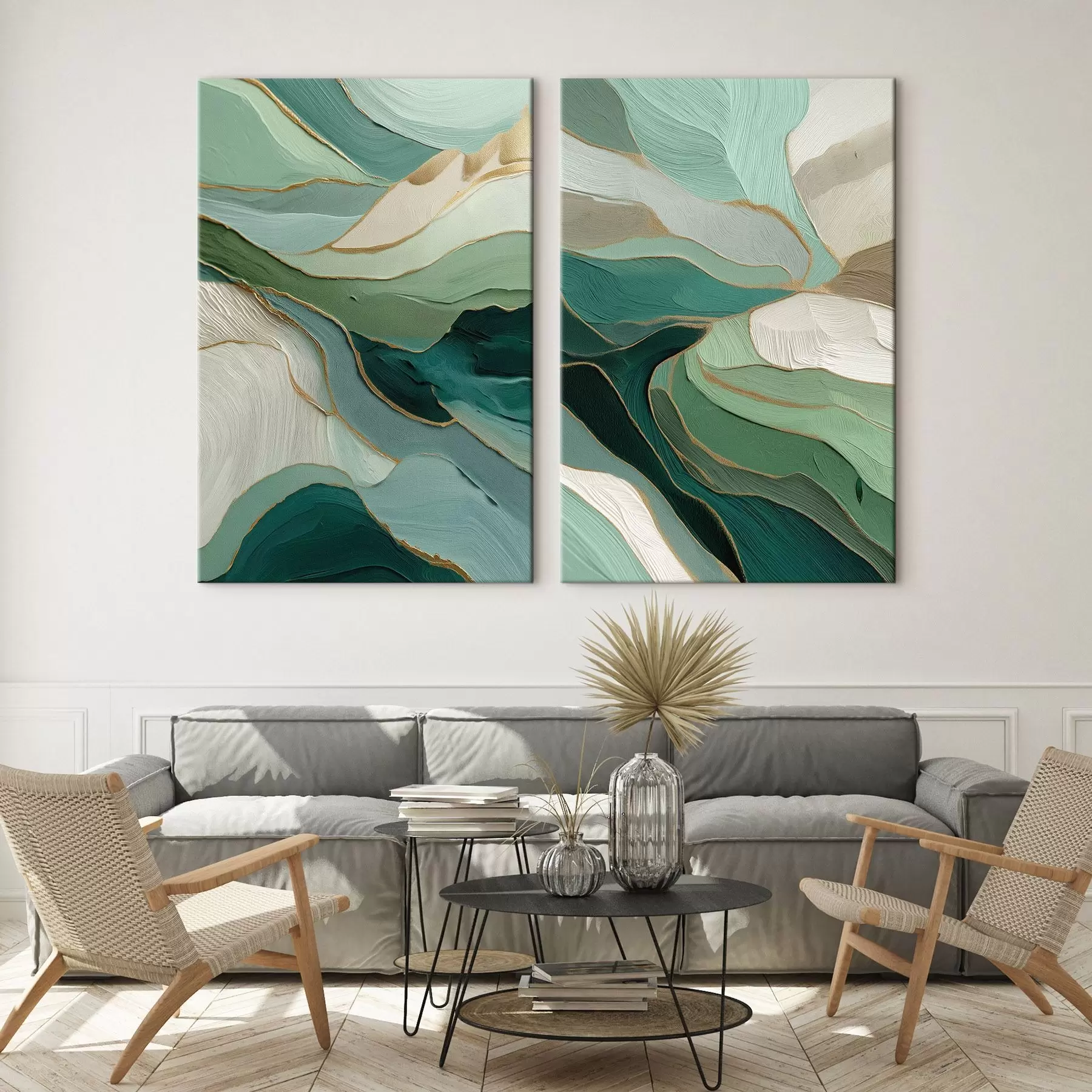  Schilderijen Smaragdgroene gelaagde abstractie met een gele omtrek m00766