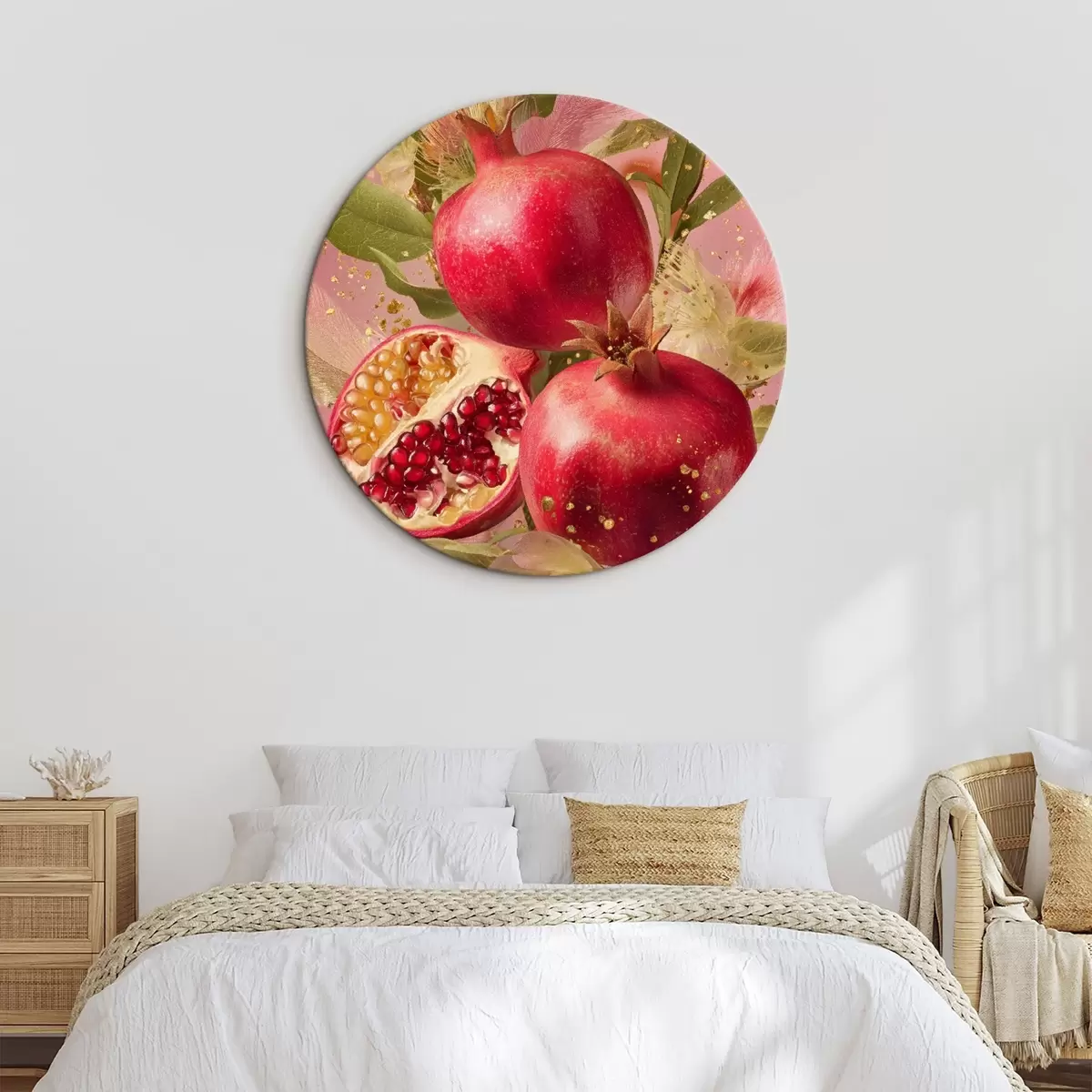 Ronde schilderijen Rijpe granaatappels op roze met bladeren en gouden spikkels r45868
