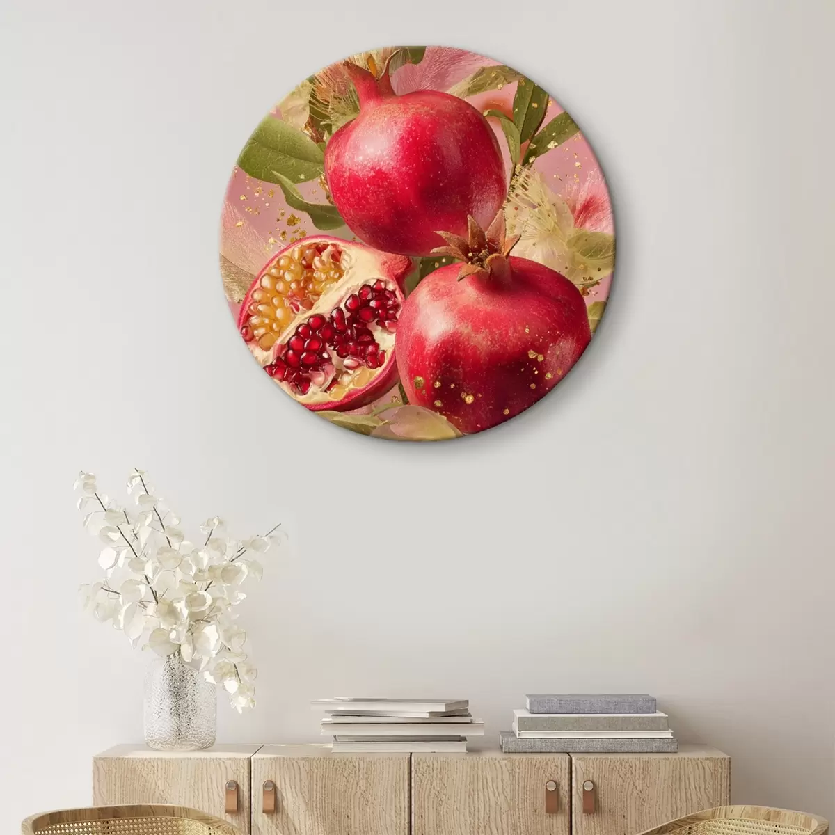 Ronde schilderijen Rijpe granaatappels op roze met bladeren en gouden spikkels r45868