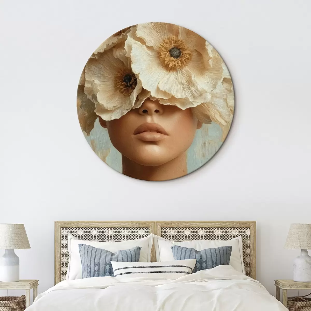 Ronde schilderijen Portret met beige bloemen die de ogen bedekken r45870