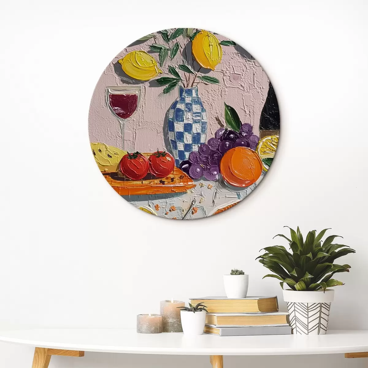 Ronde schilderijen Pastel stilleven: citroenen, druiven en tomaten, impasto r45876