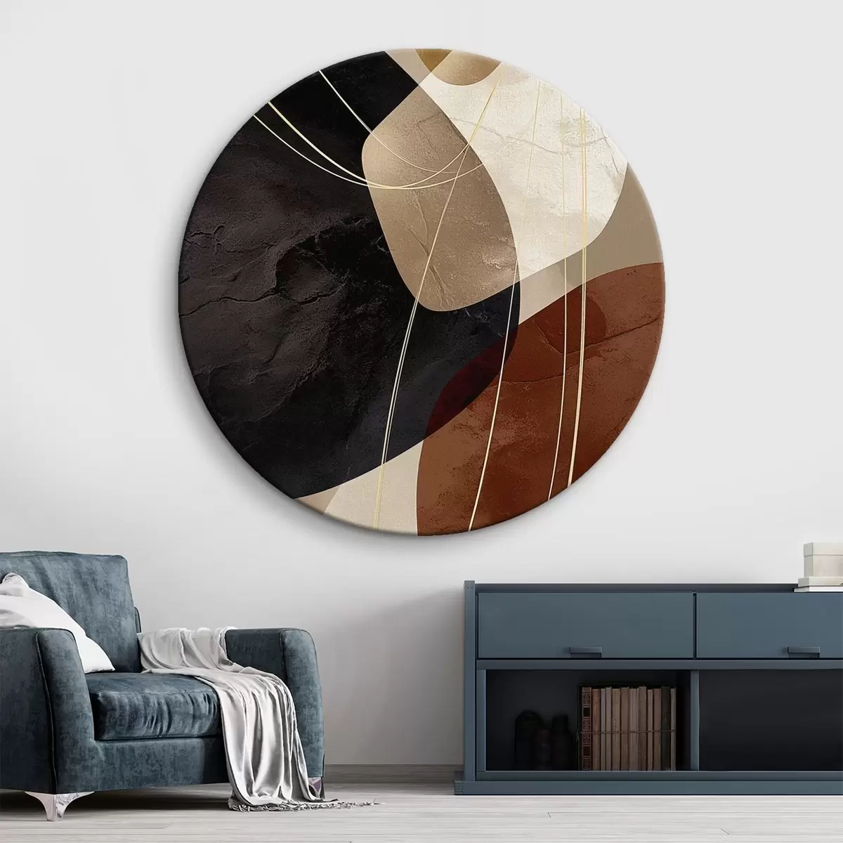 Ronde schilderijen Geometrische vormen in een warm kleurenpalet, fijne lijnen r45879