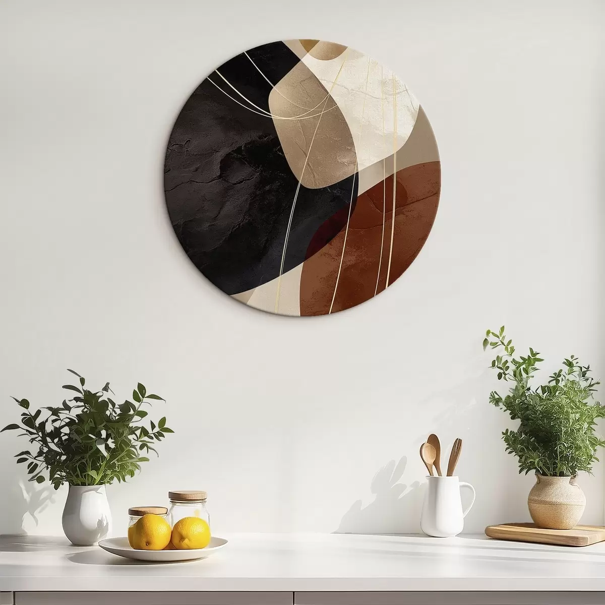 Ronde schilderijen Geometrische vormen in een warm kleurenpalet, fijne lijnen r45879