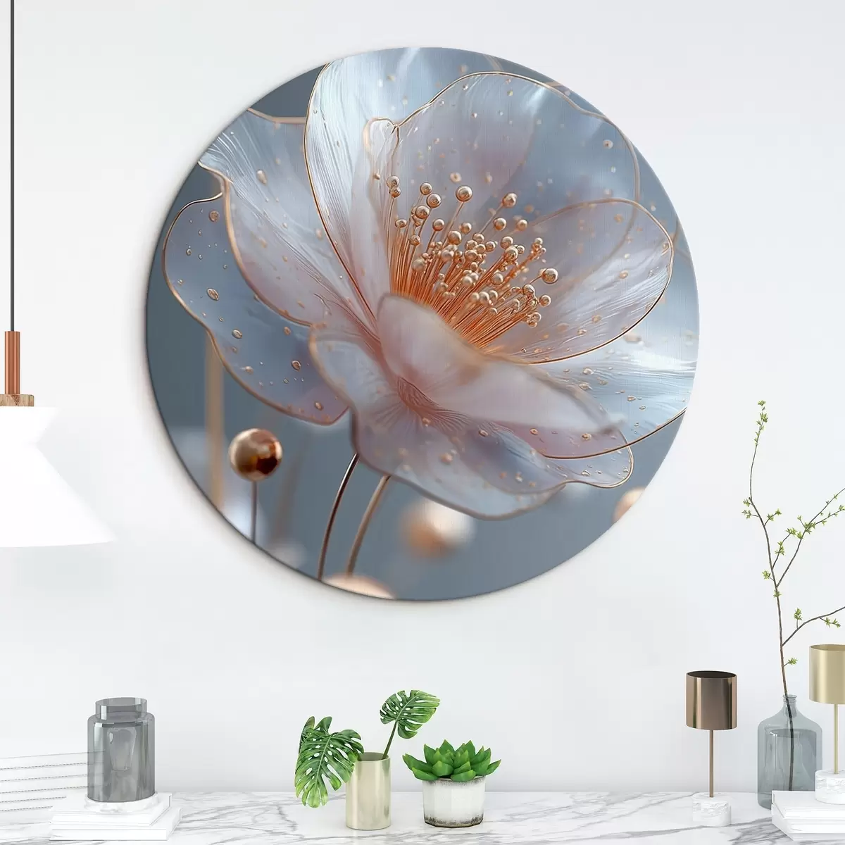 Ronde schilderijen Doorschijnende bloem met koperen meeldraden op blauw r45880