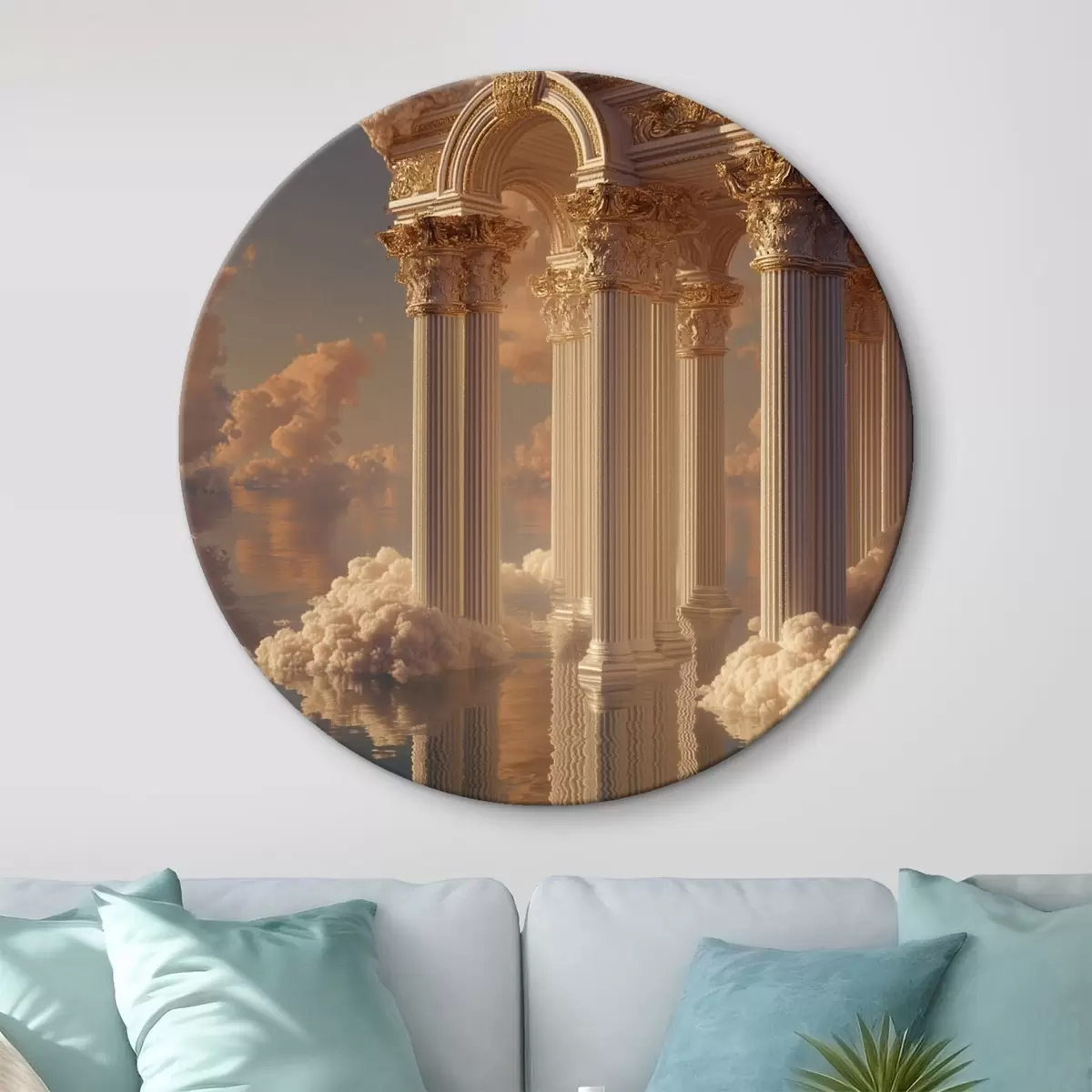 Ronde schilderijen Kolommen in de wolken, reflecties op het water r45881