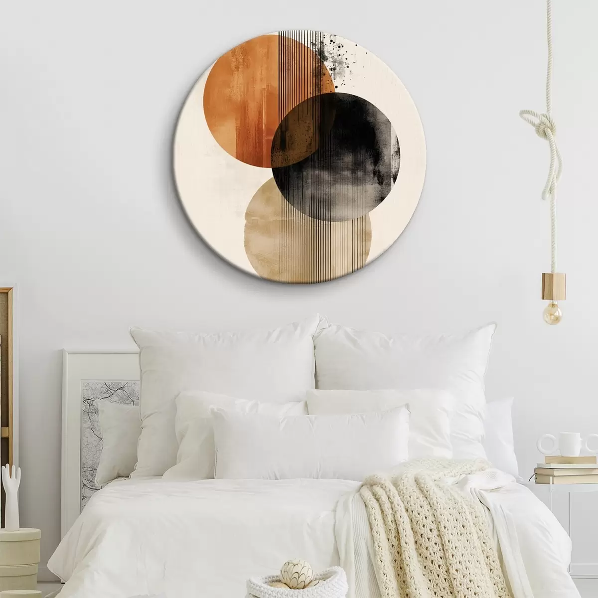 Ronde schilderijen Drie cirkels met textuur en lijnen in een terracotta-zwart kleurenpalet r45885