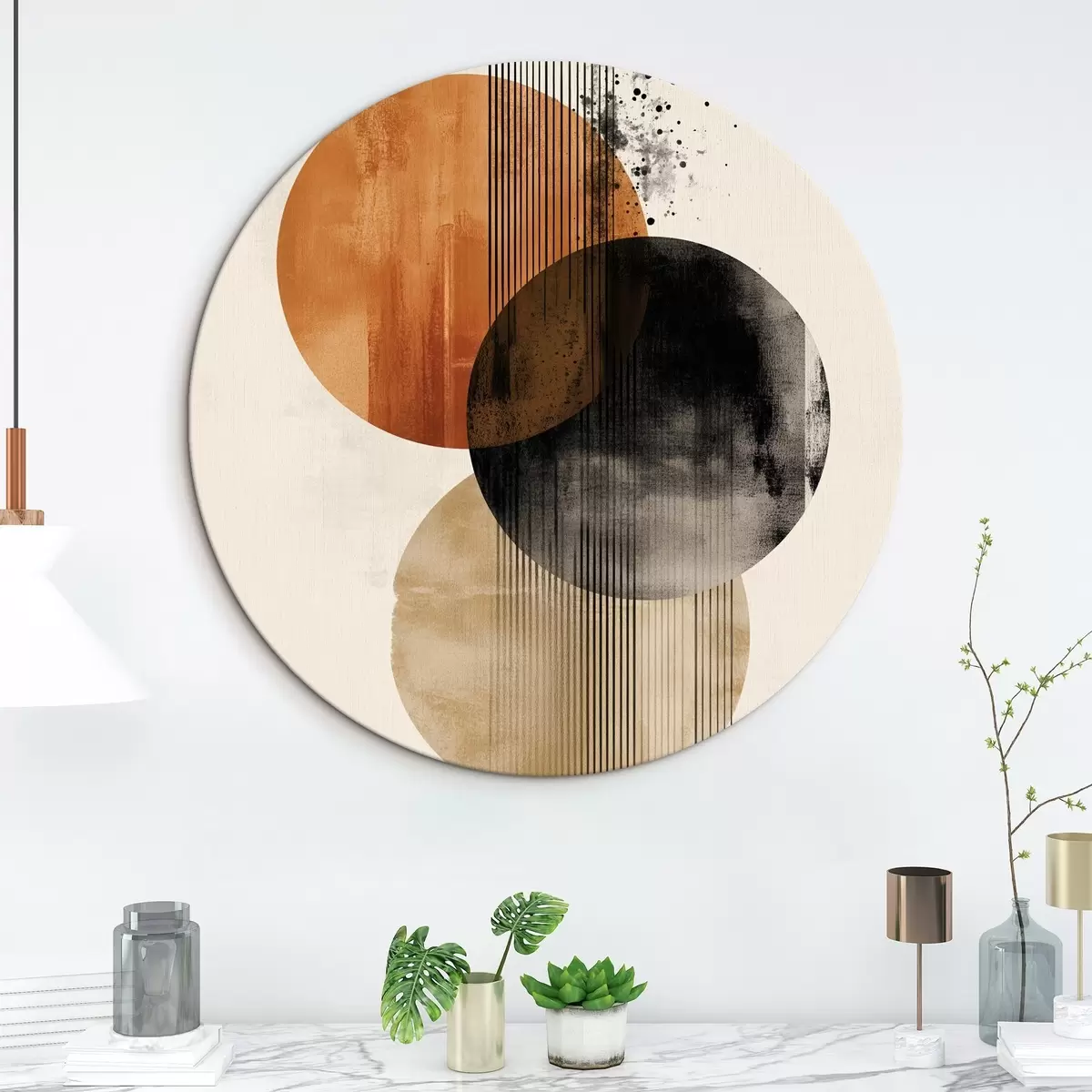 Ronde schilderijen Drie cirkels met textuur en lijnen in een terracotta-zwart kleurenpalet r45885