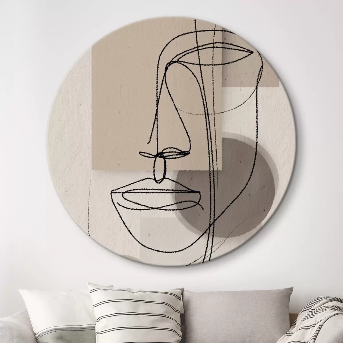Ronde schilderijen Lijnportret boven beige geometrische vormen r45886