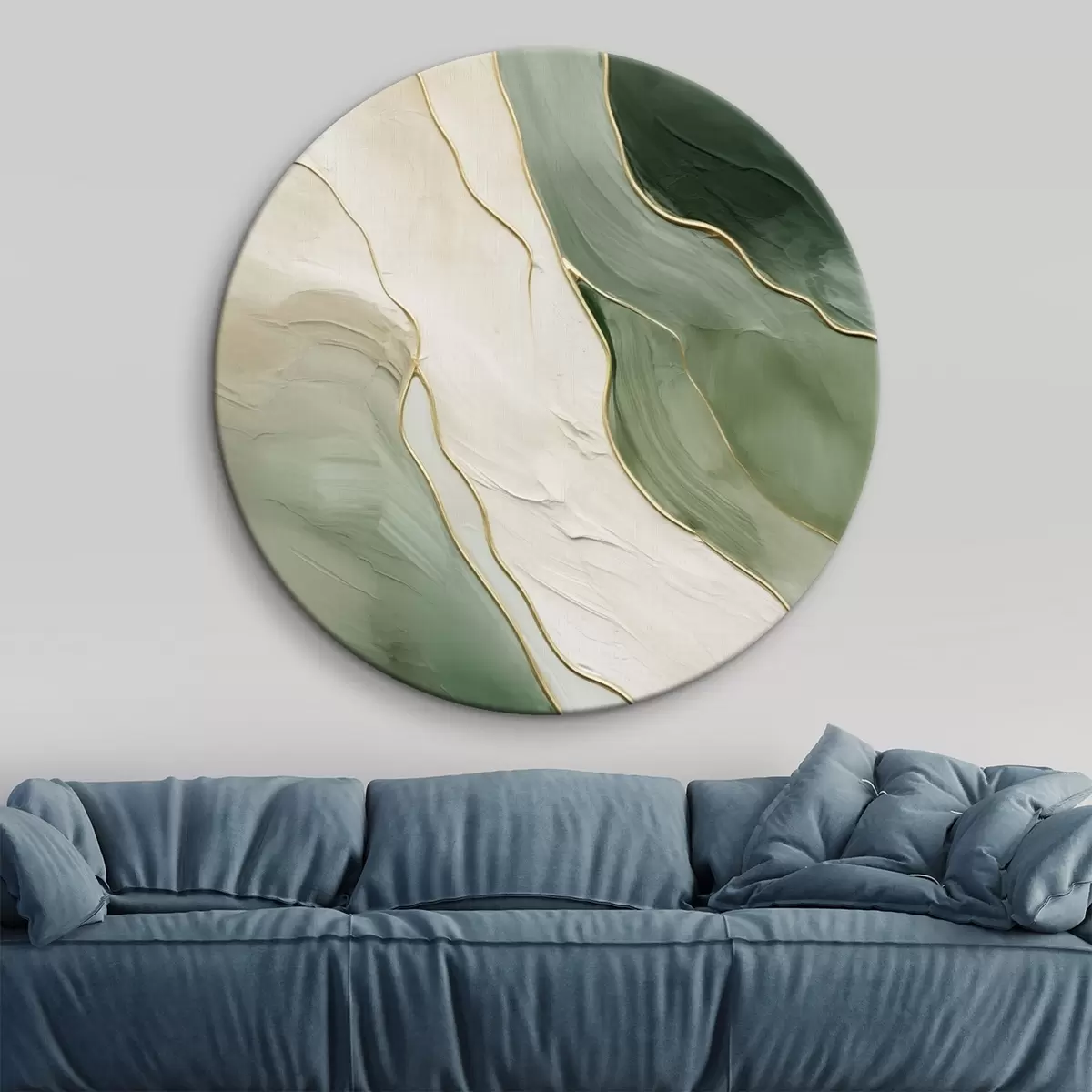 Ronde schilderijen Smaragdgroene abstractie met fijne gele lijnen r45888