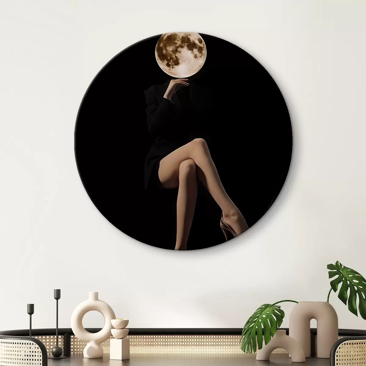 Ronde schilderijen Silhouet met de maan als gezicht, minimalisme r45891