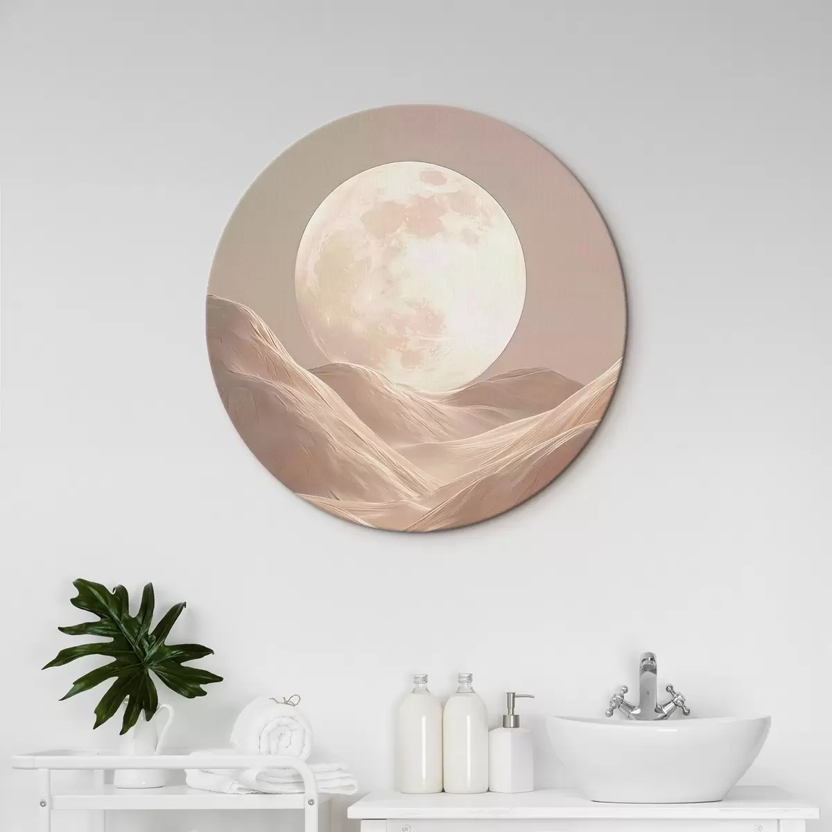 Ronde schilderijen Maan boven zandduinen in roze tinten r45892
