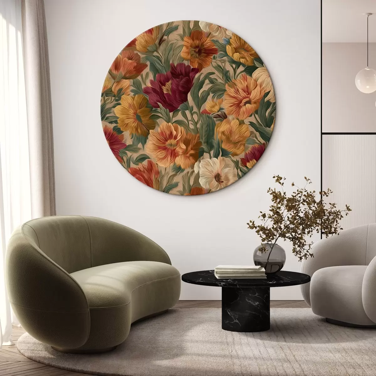 Ronde schilderijen Vintage bloemenpatroon in een warm kleurenpalet r45896