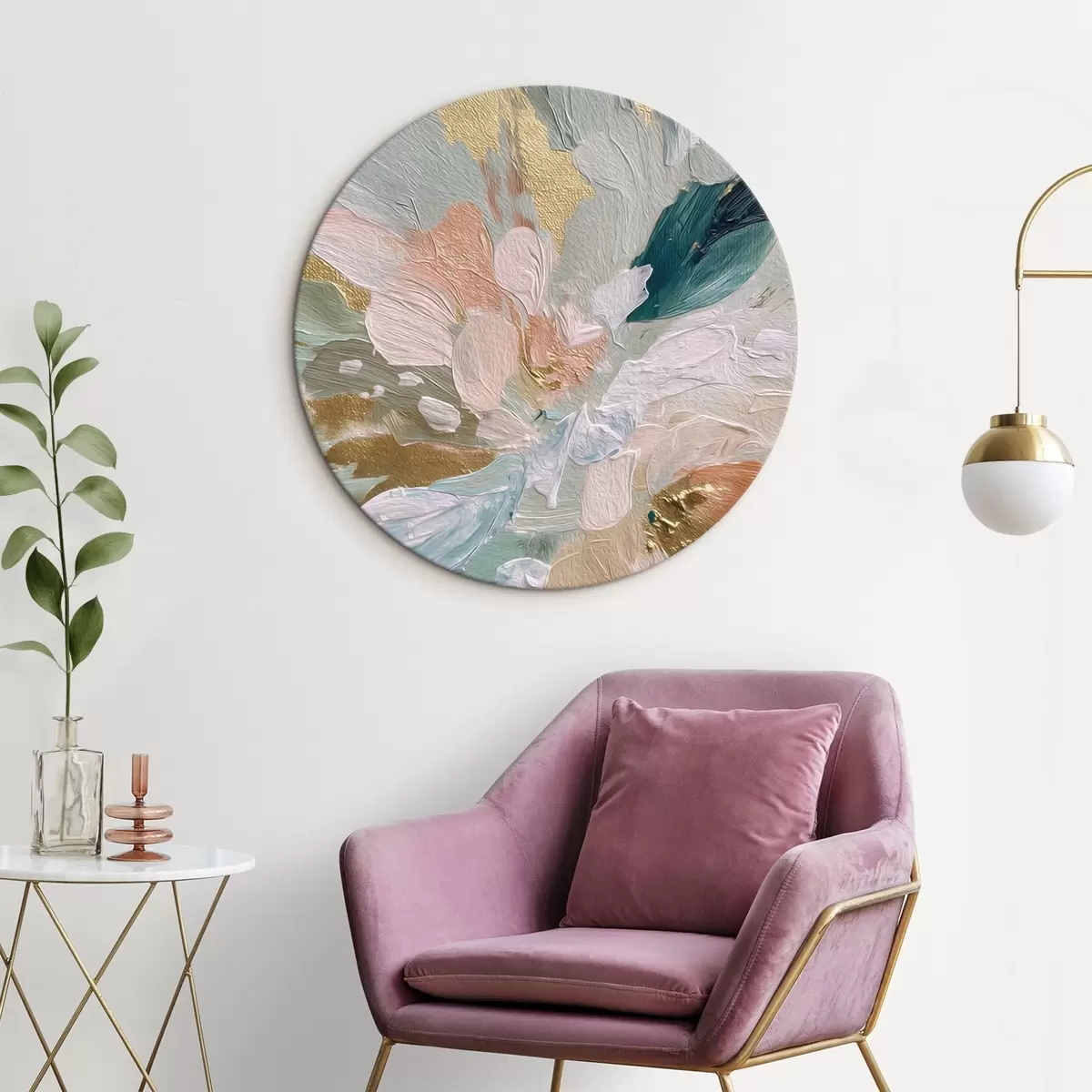 Ronde schilderijen Pastelkleurige bloemenstrepen met gele spikkels r45899