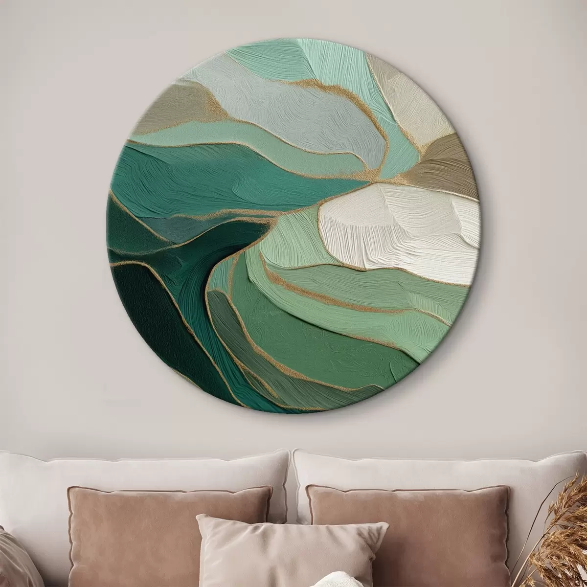Ronde schilderijen Saliegroene abstractie met een gele omtrek r45901