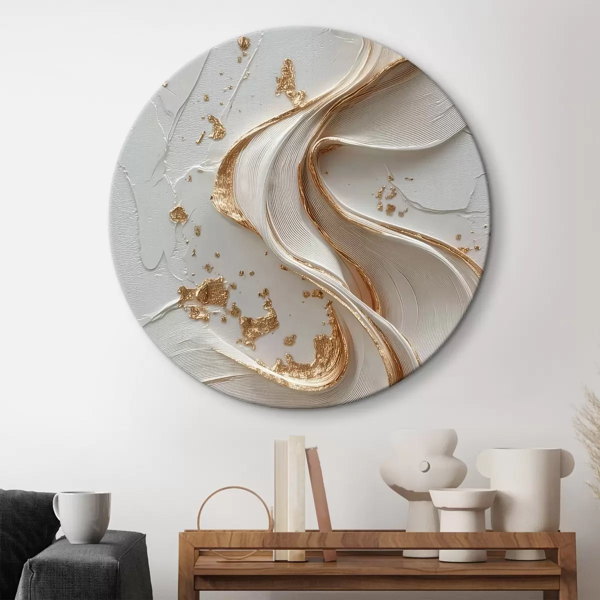 Ronde schilderijen Wit-gele gestructureerde streken met metallic accenten r45906
