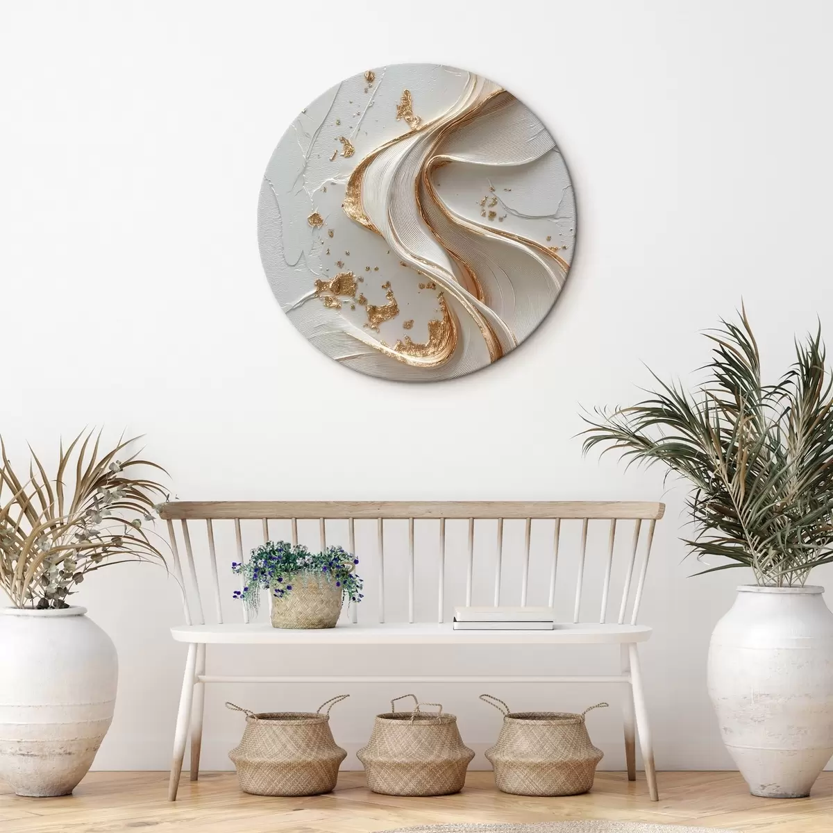Ronde schilderijen Wit-gele gestructureerde streken met metallic accenten r45906