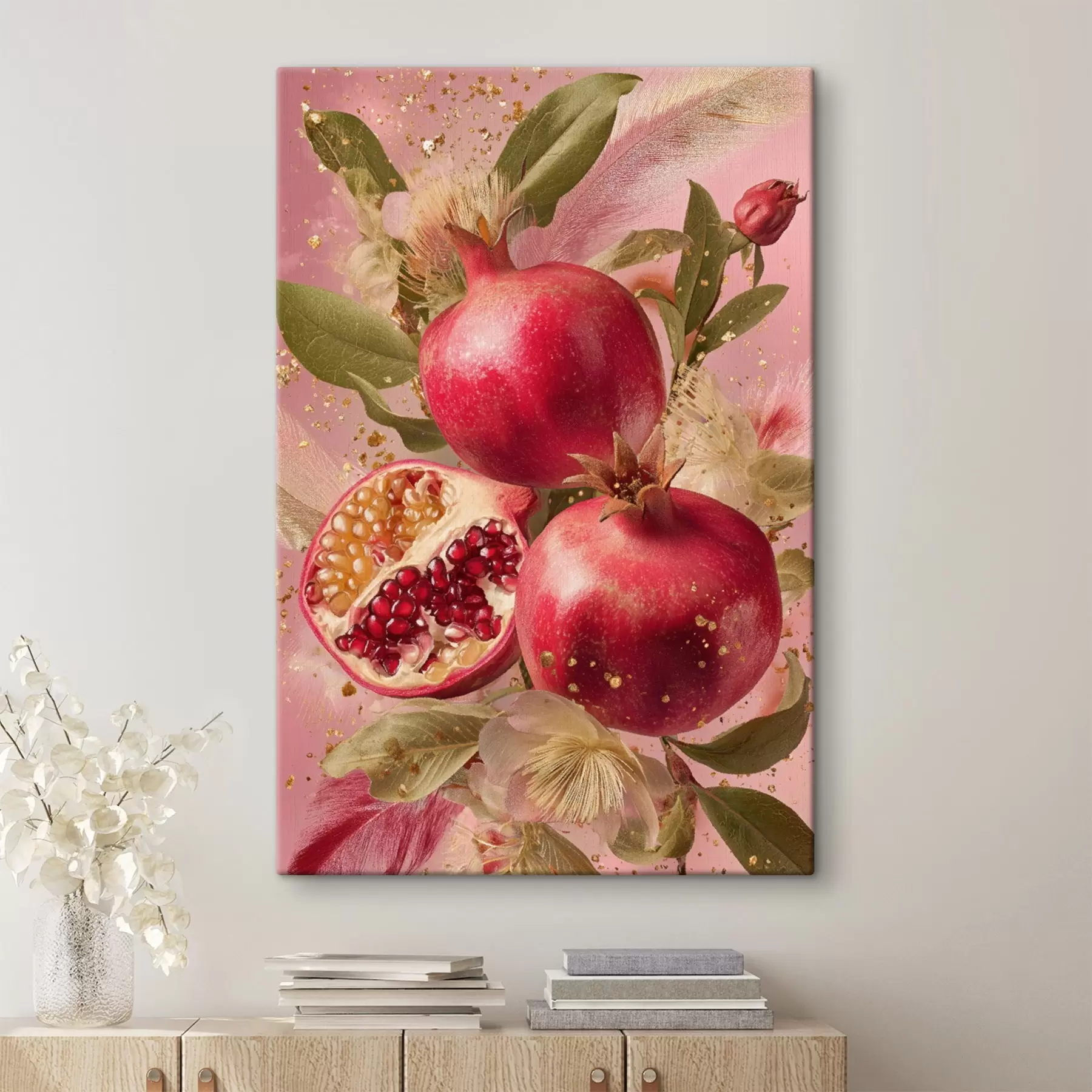 Schilderijen Rijpe granaatappels op roze met bladeren en gouden spikkels s45868