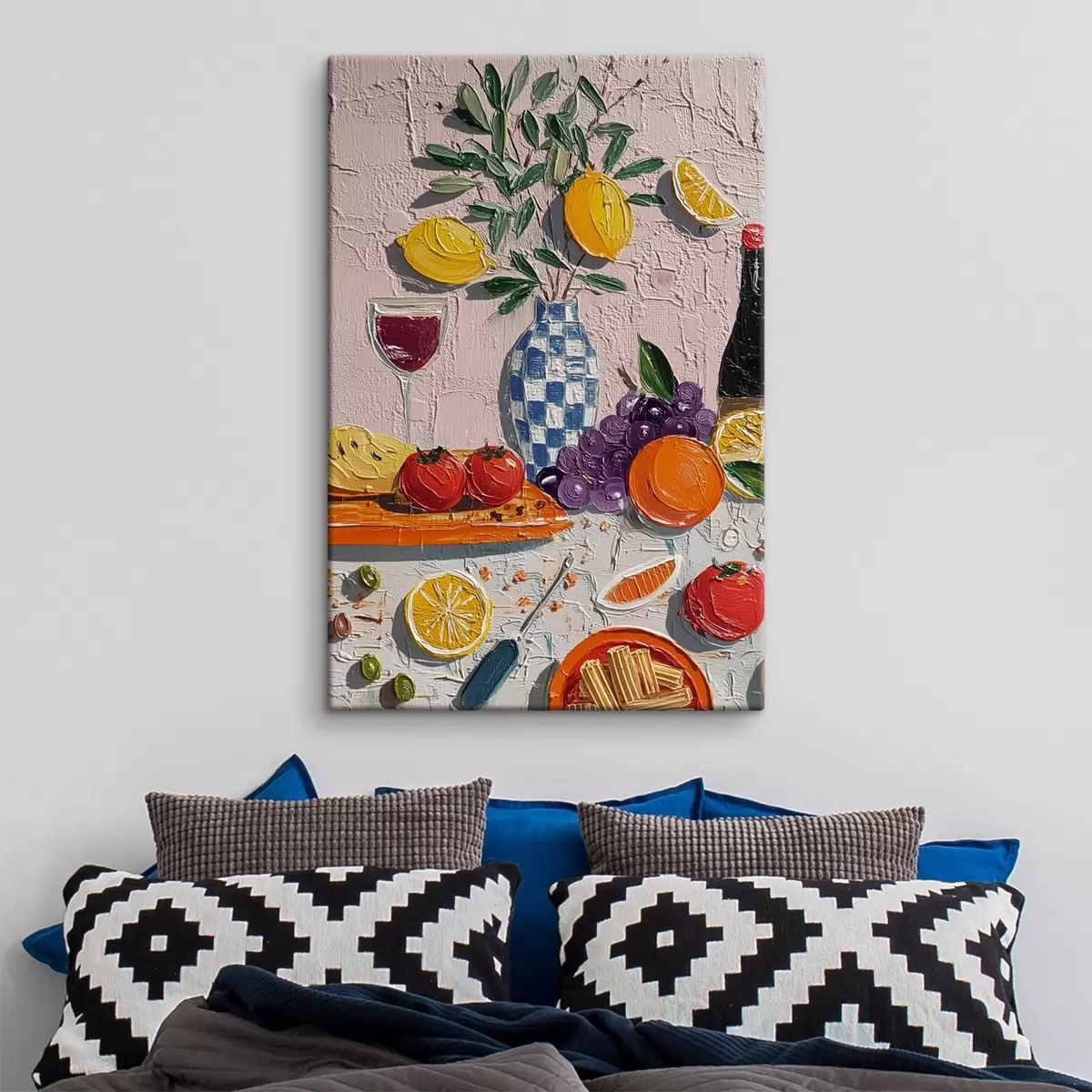  Schilderijen Pastel stilleven: citroenen, druiven en tomaten, impasto s45876