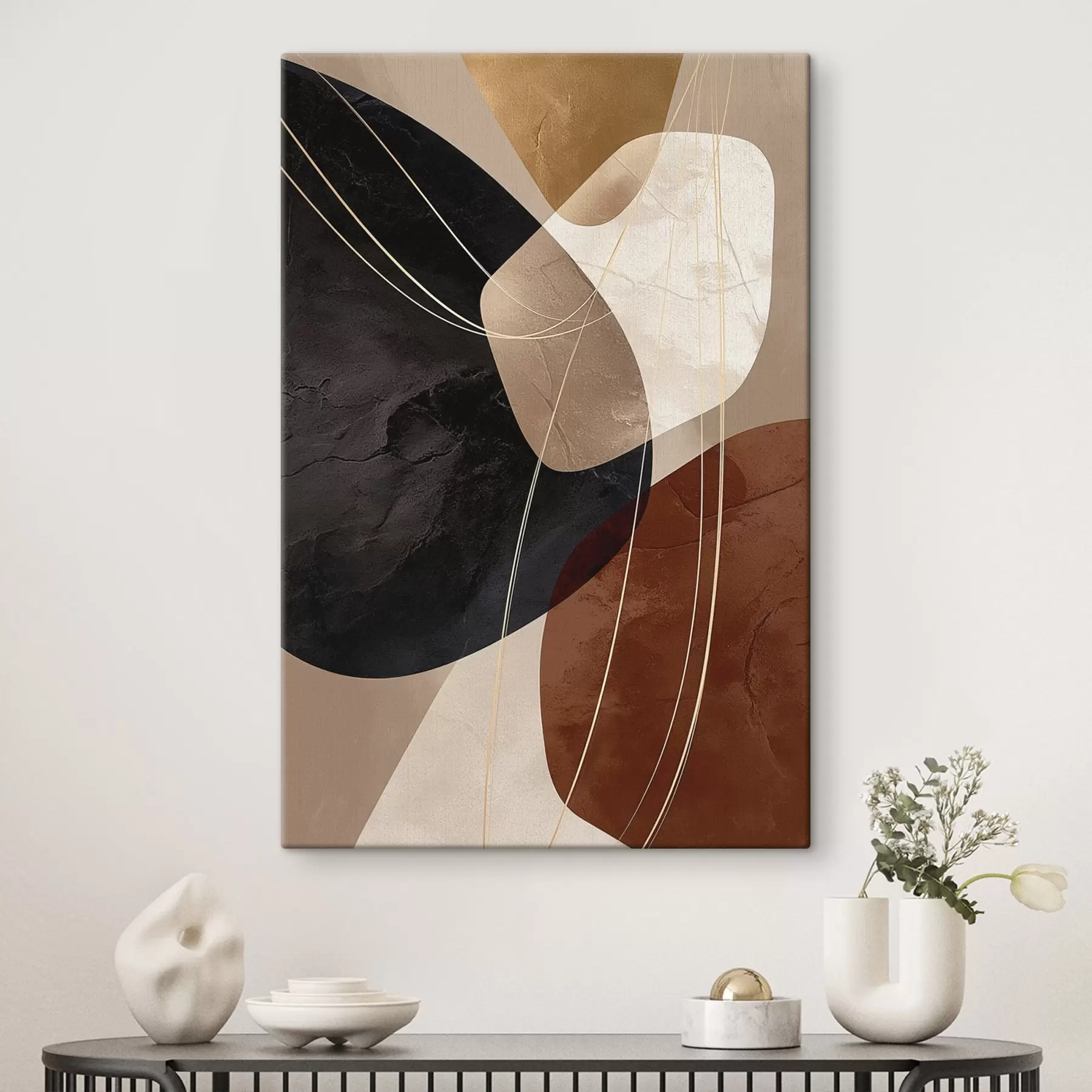  Schilderijen Geometrische vormen in een warm kleurenpalet, fijne lijnen s45879