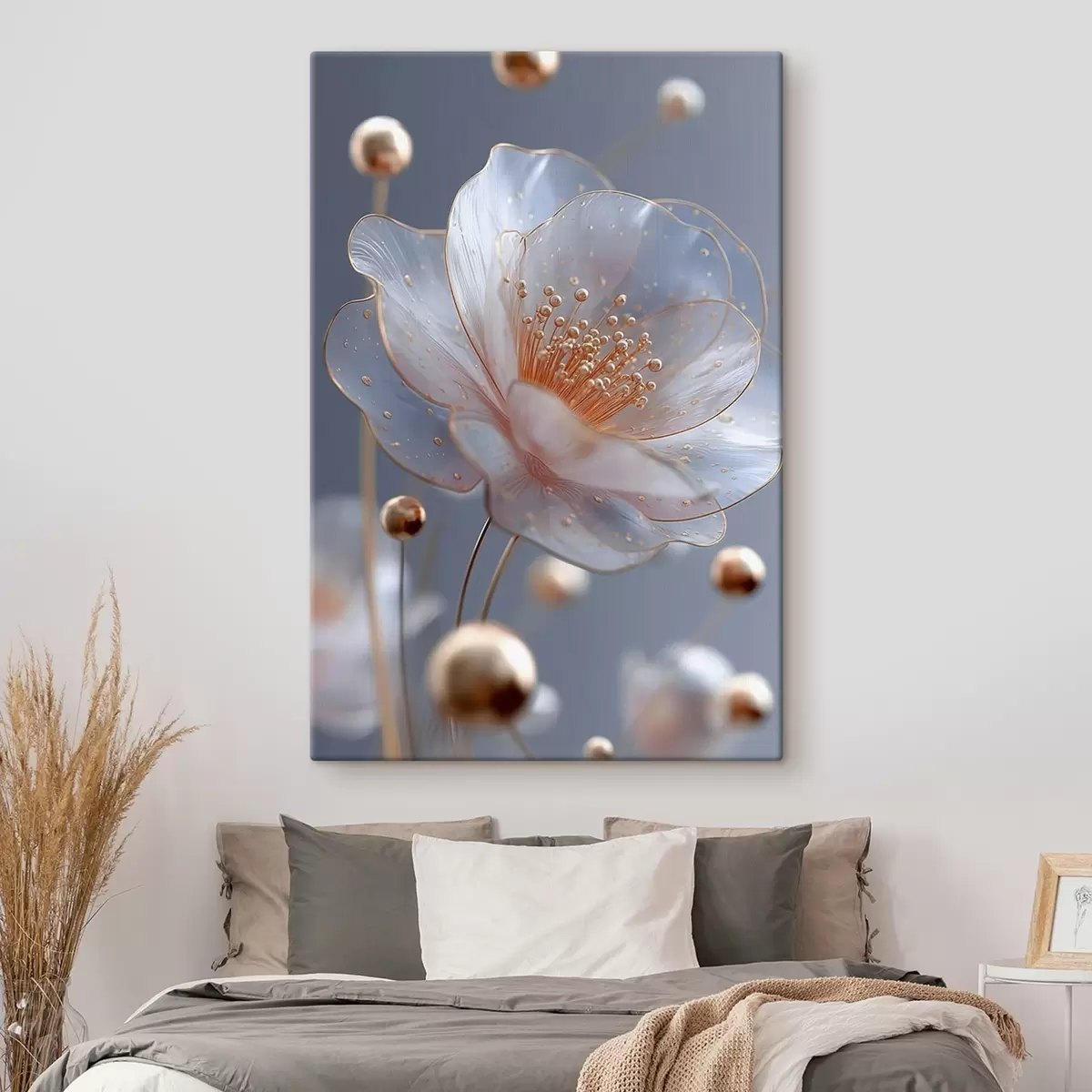  Schilderijen Doorschijnende bloem met koperen meeldraden op blauw s45880