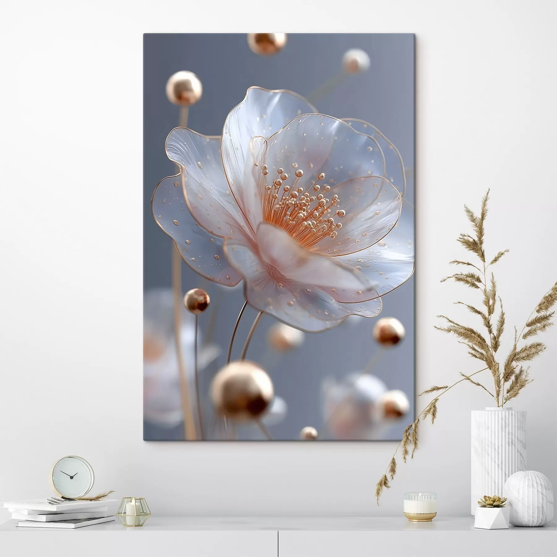  Schilderijen Doorschijnende bloem met koperen meeldraden op blauw s45880