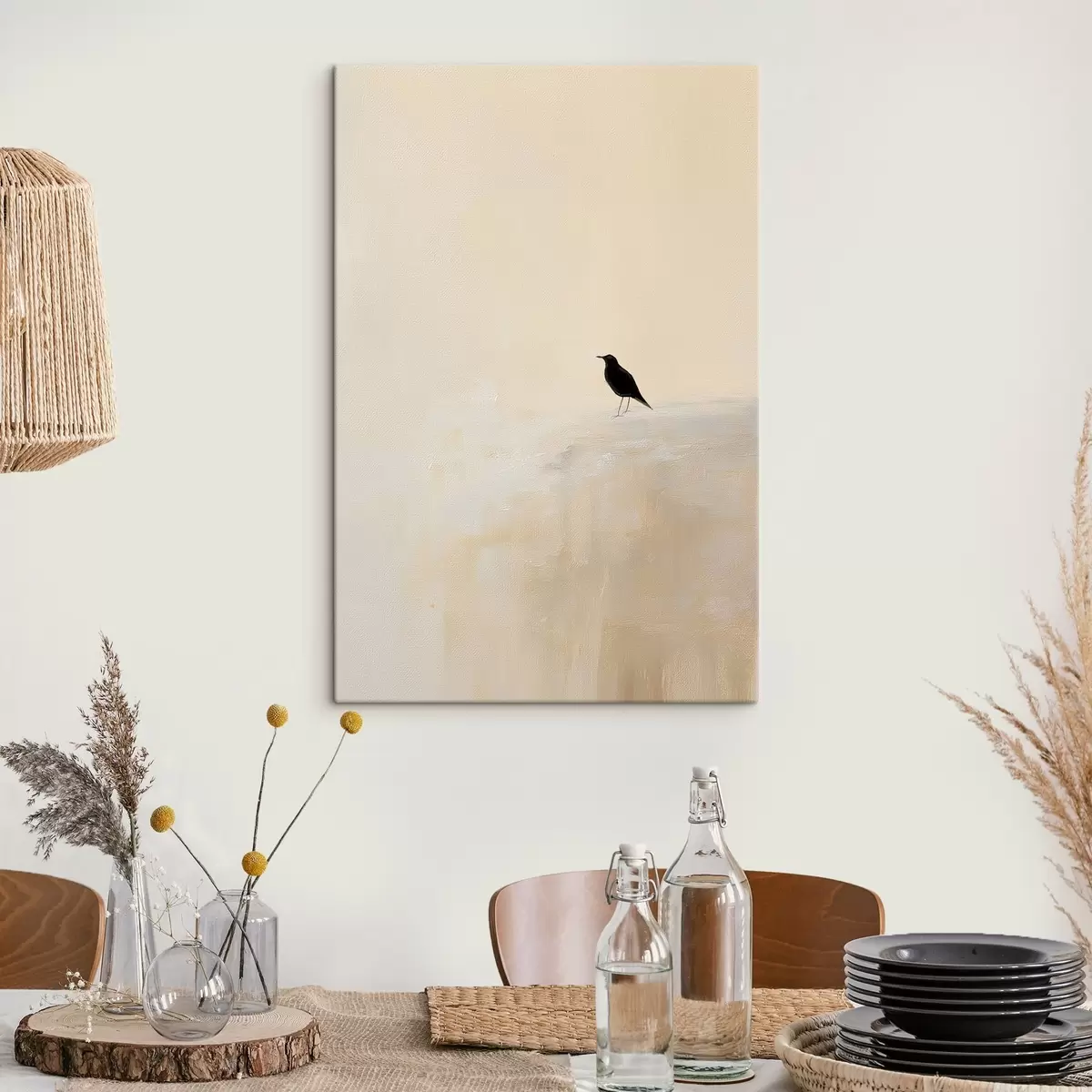  Schilderijen Eenzame vogel op een warme beige achtergrond s45882