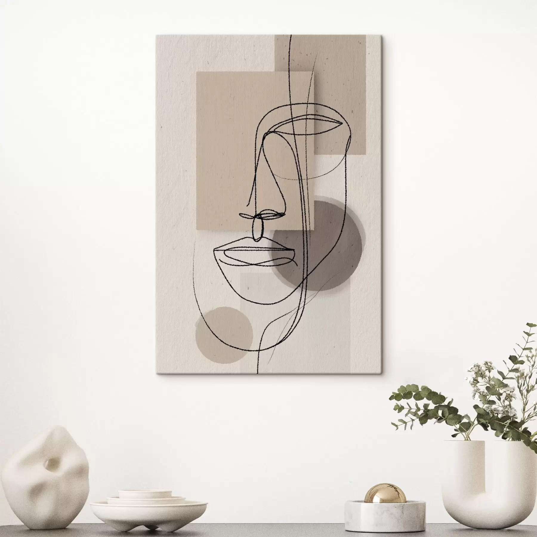  Schilderijen Lijnportret boven beige geometrische vormen s45886