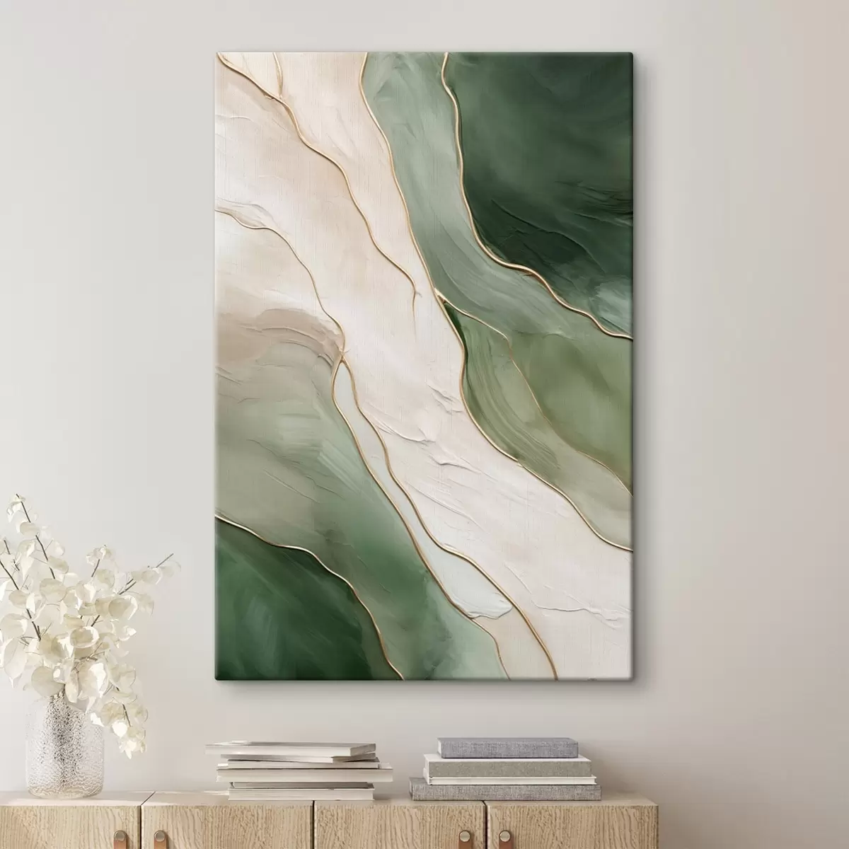  Schilderijen Smaragdgroene abstractie met fijne gele lijnen s45888